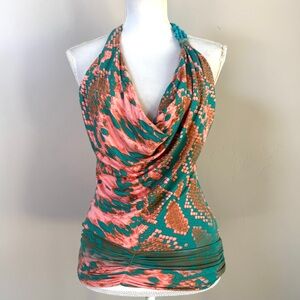 NWT SKY snakeprint ruched drape front turquoise stone embellishment halter top S